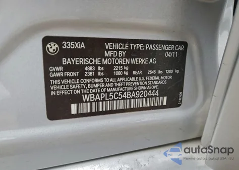 2011 BMW 335 Xi z USA, uszkodzony, nr VIN WBAPL5C54BA920444
